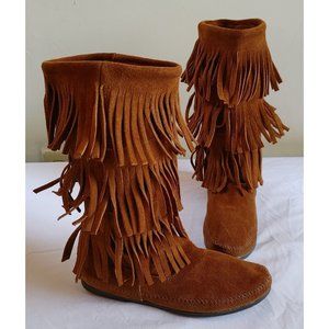 Minnetonka Brown Suede 3 Layer Triple Fringe Moccasins Boots 1632 Womens sz 8